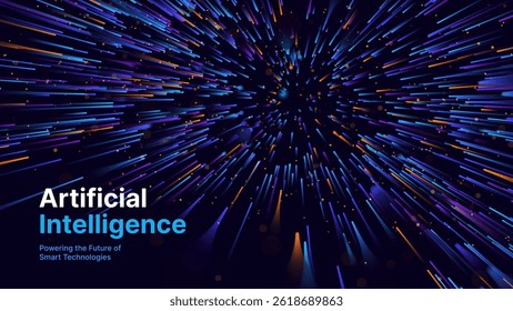 Artificial Intelligence Futuristic Background with Hyperspace Speed Lines and Technology Concept Text. Dynamic Light Burst for Smart Innovation and Digital Business Themes. Vector Illustration.