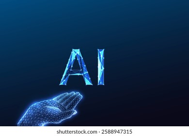 Artificial intelligence futuristic concept with glowing wireframe hand presenting the letters AI. Technology, and innovation. Abstract digital design on a dark blue background. Vector illustration 