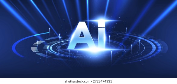 Concepto futurista de inteligencia artificial con tipografía de IA brillante e interfaz de tecnología digital. Fondo azul moderno de la tecnología para la innovación, los datos, la automatización, y los temas futuros de la tecnología, banne, cubierta, diseño del Vector.