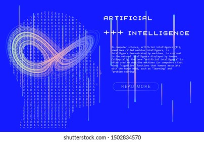 Artificial intelligence futuristic cyberpunk background. Profile of human made of binary glitched code and 3d visualization of chaotic systems, attractors.