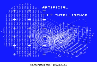 Artificial intelligence futuristic cyberpunk background. Profile of human made of binary glitched code and 3d visualization of chaotic systems, attractors.