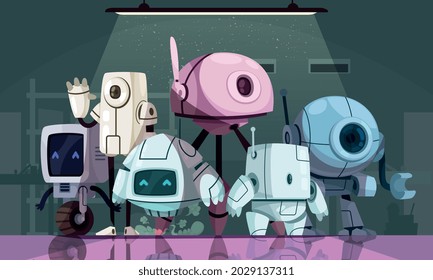 Artificial intelligence futuristic design concept with group of different cartoon modern robots flat vector illustration