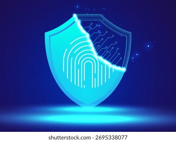 Inteligencia artificial con el escudo de escaneo de huellas digitales futuristas que se superpone en el efecto azul claro del escudo del holograma en el concepto de diseño de Vector de fondo azul oscuro. Tecnología de IA para tecnología avanzada.