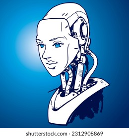 Artificial Intelligence, futuristic female robot hand-drawn sketch style vector