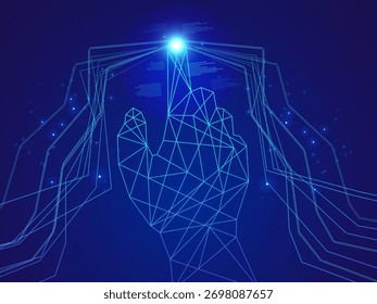 Inteligencia artificial con la red de polígonos de mano futurista Conectar líneas Apuntando o tocando el dedo al efecto de luz y líneas de datos que fluyen Análisis de Tecnología dinámica Concepto de diseño de Vector.