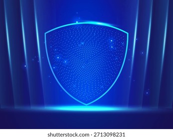 Artificial intelligence with Futuristic hologram dots movement in shield on dark blue background vector design concept. AI technology for advanced technology, cyber security, automation, Big data.