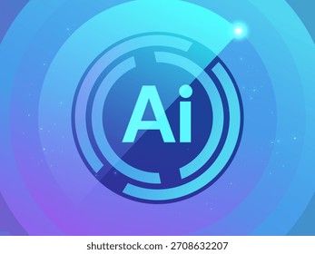 Artificial intelligence with Futuristic Letter AI at the center in Radar Circles data scanning Technology Analysis vector design concept. AI technology for advance technology, data visualization, web.