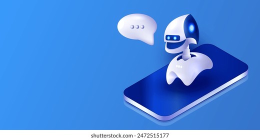 Artificial intelligence futuristic robot chatting on phone. Chat bot app technology and science in isometric style. Talking bot on messenger. Ai smartphone content new generation vector.