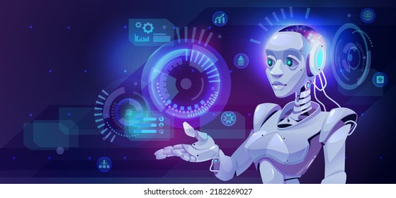 Artificial intelligence futuristic robot and virtual HUD hi-tech control panel. Sci-Fi virtual reality technology view display, supercomputer robotic machine and infographic elements
