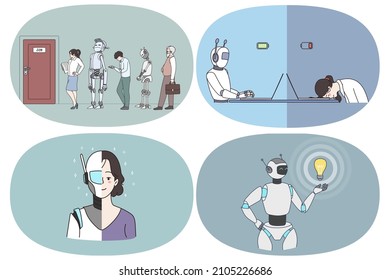 Artificial intelligence and futuristic technologies concept. Set of robots working as humans waiting for interview with humans working in office full of energy holding light bulb having great idea 