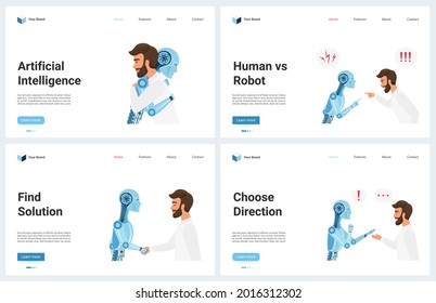 Artificial intelligence futuristic technology vector illustration. Cartoon modern ai landing page set for digital data science webpage with robot and human solutions, mind direction and opposition