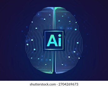 Artificial intelligence with Futuristic top view AI brain curved network Connection lines technology analyst vector design concept. AI technology for advance technology, automation, Data Visualization