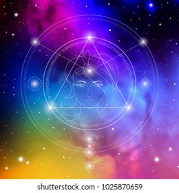 Artificial intelligence futuristic vector art on cosmic background. Head user display biometric face scan with interlocking geometry shapes, glowing dots and particles and golden ratio digits.