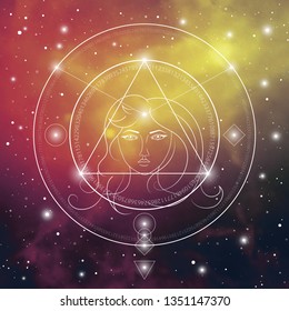 Artificial intelligence futuristic vector art on cosmic background. Head user display biometric face scan with interlocking geometry shapes, glowing dots and particles and golden ratio digits