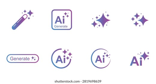 Artificial Intelligence Generate Icons. Write, generate with AI stamp. Artificial intelligence symbol. Generative AI logo icon with star, circle and square icon. Artificial intelligence and Machine learning sign icon concept. Tools for generate from the text. Icon element for app and web. Modern Technology Vector illustration.
