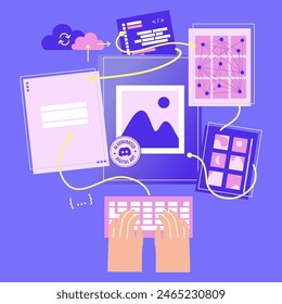 Artificial intelligence generates files, illustrations, images following a human request. Ai produces artworks, deep learning process, AI generated digital art.