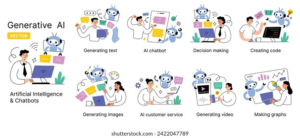 Inteligencia artificial generando textos, imágenes, video. Grupo de composiciones generativas de IA dibujadas a mano. Personas que utilizan IA para crear contenido. Los usuarios de la computadora pueden usar robots lindos. Aplicaciones de Chatbot, software de IA