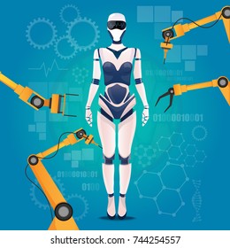 Artificial intelligence girl cyborg robot assembly background