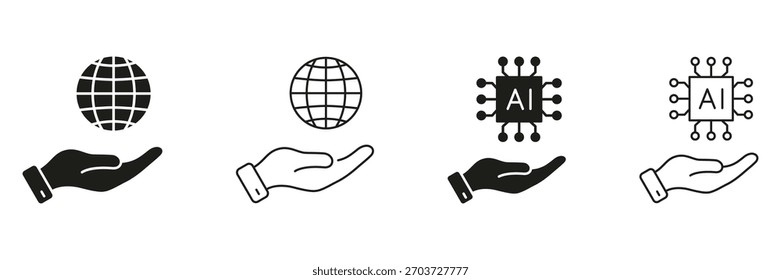 Linha de suporte global de inteligência artificial e conjunto de ícones sólidos. Tecnologia inteligente, interação humana e coleção de símbolos de assistência digital. Ilustração de vetor isolada.