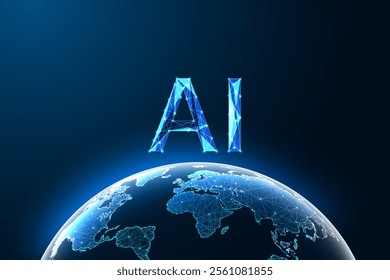 Artificial intelligence, global technology, innovation abstract concept with glowing polygonal AI letters above Earth on dark blue background. Futuristic low polygonal style vector illustration