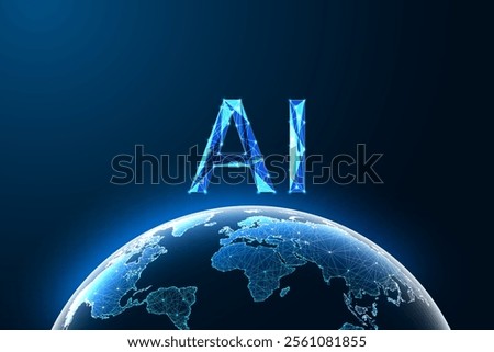 Artificial intelligence, global technology, innovation abstract concept with glowing polygonal AI letters above Earth on dark blue background. Futuristic low polygonal style vector illustration
