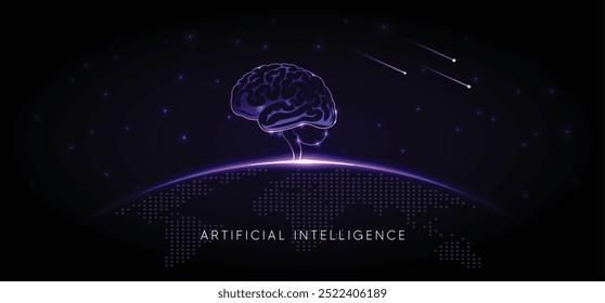inteligência artificial brilhando cérebro em pontilhado cartaz vetor mapa mundo