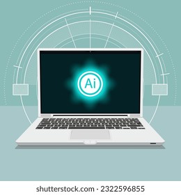 El portátil es girado por la pantalla del visor. Inteligencia artificial. Tecnologías futuras. Ilustración del vector