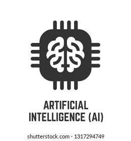 Artificial intelligence glyph icon with digital AI brain circuit chip sign.