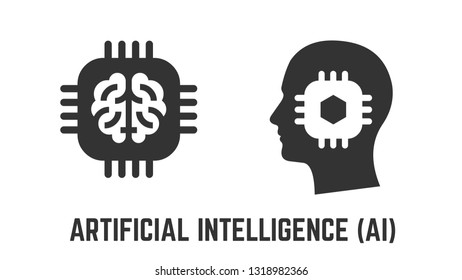 Artificial intelligence glyph icon with digital AI human head and brain circuit CPU chip symbols.