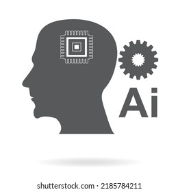 Artificial intelligence glyph icon with digital AI human head and brain circuit CPU chip symbols.