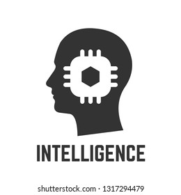 Artificial intelligence glyph icon with human head and digital AI circuit chip symbol.