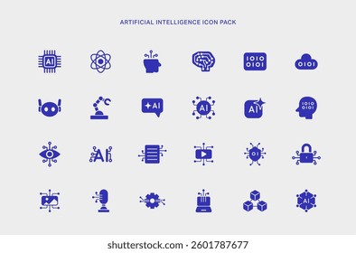 Artificial Intelligence Glyph Icon Set with Solid Monochrome Minimal Style for Technology App feathering Semiconductor AI Generate Assistant or Data Analysis Innovation Cyber Futuristic Robot Vector