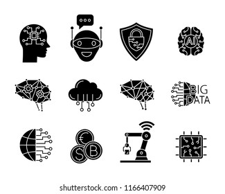 Artificial intelligence glyph icons set. Silhouette symbols. AI. Internet of things. Digital network. Neurotechnology. Vector isolated illustration