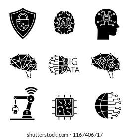 Artificial intelligence glyph icons set. Silhouette symbols. Neurotechnology. Cybersecurity, ai, digital brain, neural network, big data, iot robot, internet of things. Vector isolated illustration