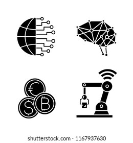 Artificial intelligence glyph icons set. Silhouette symbols. Neurotechnology. AI. Big data, currency exchange, IoT robot, neural network. Vector isolated illustration