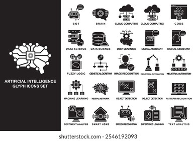 Symbolsatz für künstliche Intelligenz. enthalten Bot, Gehirn, könnte Computer, Data Science, Deep Learning, maschinelles Lernen und mehr. Nutzung für modernes Konzept, Web- und App-Entwicklung. Vektor-EPS 10