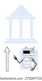 Inteligencia artificial, gobernanza, innovación, integración tecnológica, desarrollo futuro, transformación digital. Robot apuntando a un edificio del gobierno. Inteligencia artificial y gobernanza