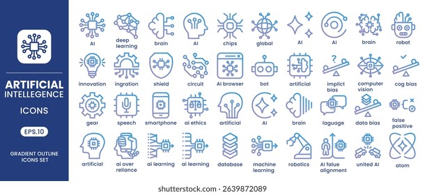 Artificial Intelligence gradient outline icons set. AI icons includes machine learning, AI Assistant, Virtual Intelligence, Automation Technology, AI technology, future, robots.