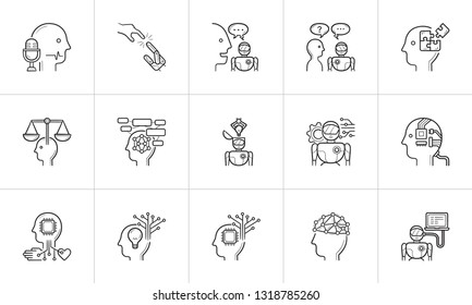 Conjunto de iconos de doodle dibujado a mano por la inteligencia artificial. Conjunto de iconos de doodle de esquema para impresión, web, móvil e infografía. Dibujo de esbozo vectorial de aprendizaje profundo aislado en fondo blanco.