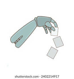 An artificial intelligence hand holds a stack of documents. Vector flat doodle isolated illustration.