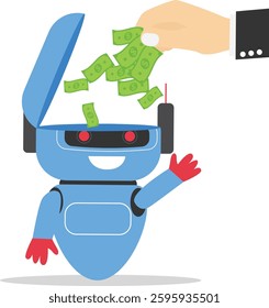 Artificial intelligence. Hand putting coin a robot head. World economic vision for business, technology or investment. Modern vector illustration in flat style

