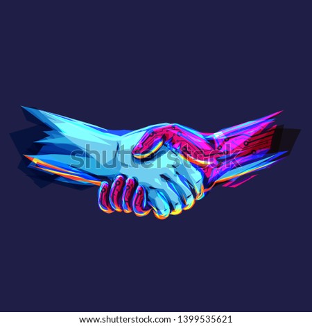 Artificial intelligence handshake with human. Industrial 4.0 Cyber Physical Systems concept, robot & human. Partnership with an Artificial intelligence robot 
