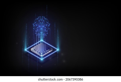 Artificial Intelligence hardware concept. Glowing blue brain circuit on microchip on computer motherboard. For big data processing, ai trading, machine learning, technology background