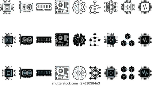 artificial intelligence hardware icons cpu gpu motherboard neural network blockchain chip technology vector illustration set modern design