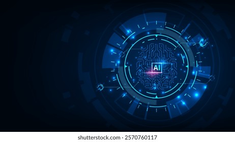 Artificial intelligence hardware microchip concept. Giowing connection hologram line brain. Technology abstract background.