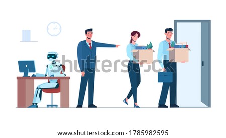 Artificial intelligence has replaced humans, they lost her job due to robotics. The robot is in the workplace, and people is fired.   Business people, unemployment.  Flat vector illustration isolated.