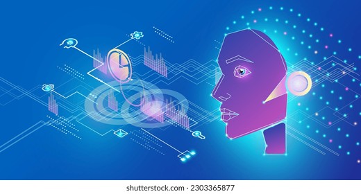 Artificial intelligence in the head of a humanoid with a neural network thinks. Artificial intelligence training in processing big data, analytical information. The face of the cyber mind. 