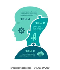 Artificial Intelligence Head Illustration. Puzzle Robot Infographic Template. Cyborg Humanoid Silhouette 3 parts steps options. Creative AI Concept. Deep Machine Learning. Droid Future Technology.