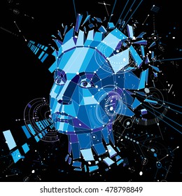 Artificial intelligence head, low poly style 3d vector wireframe object broken into different particles. Modernistic background can be used in projects on subject of human mind and consciousness.