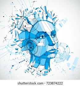 Artificial intelligence head, low poly style 3d vector wireframe object broken into different particles. Modernistic background can be used in projects on subject of human mind and consciousness.